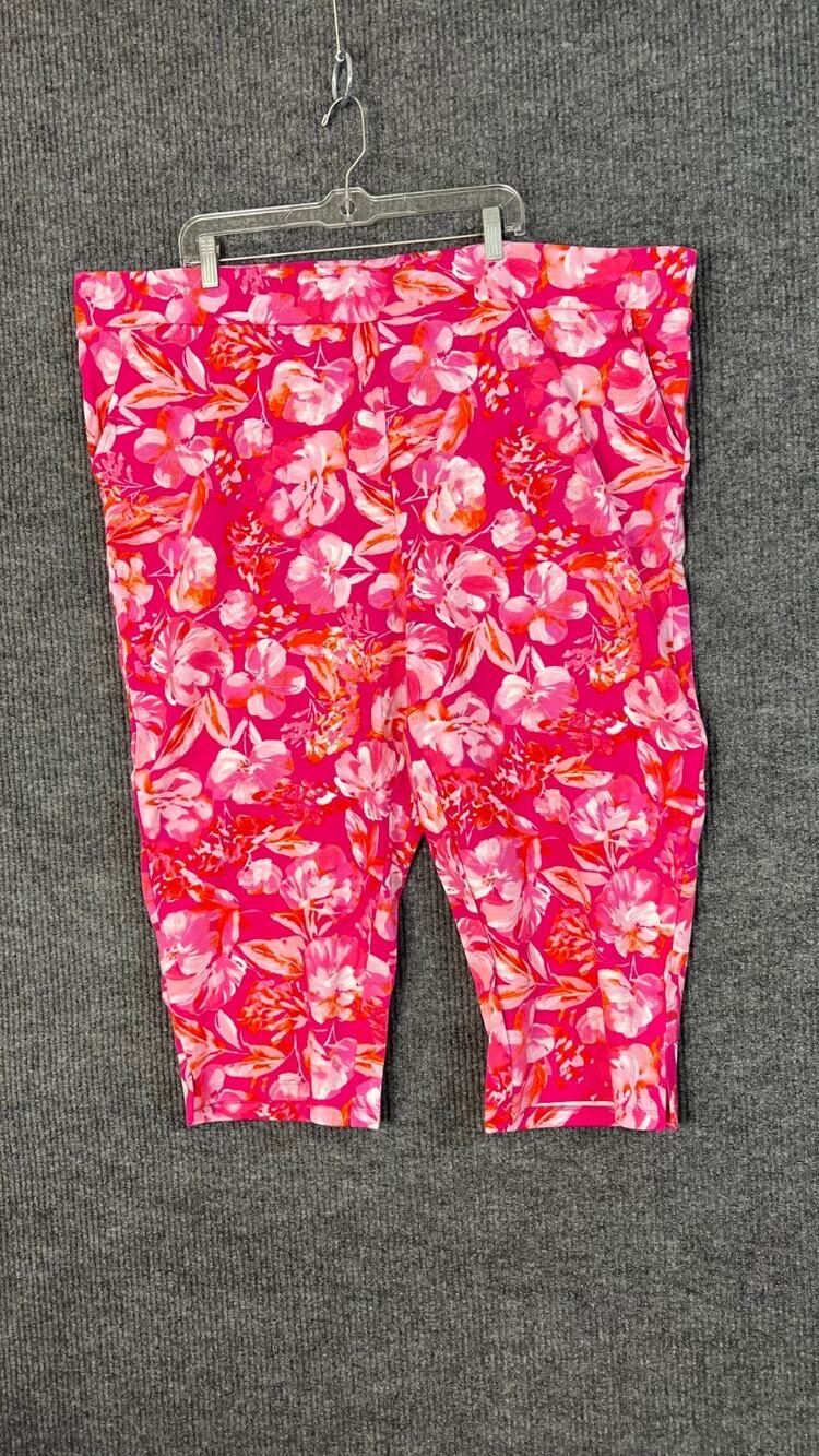 Belle Kim Gravel Capri Pants Womens 3X Tall Pink Floral Pull On Pockets Hi Rise
